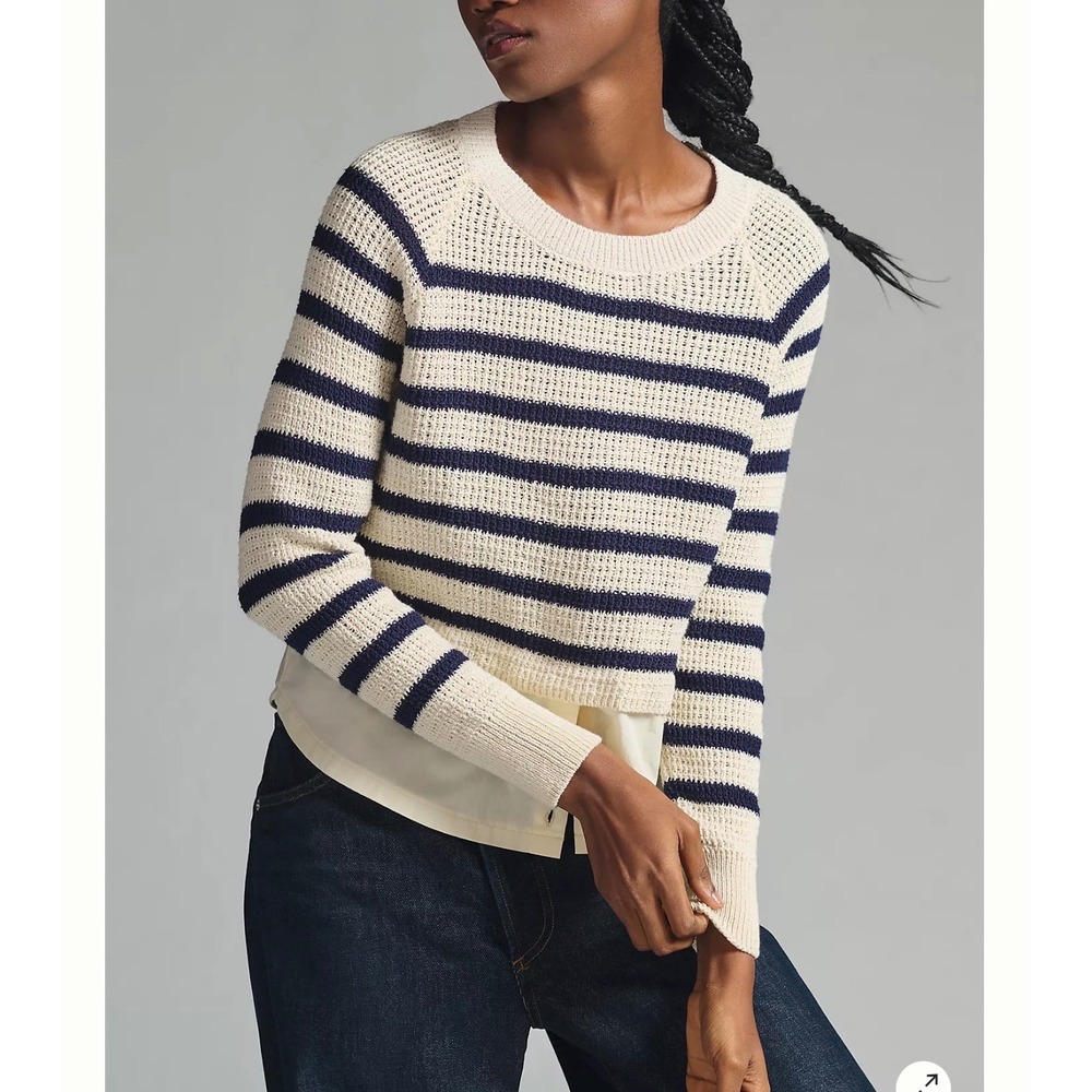 Maeve Anthropologie Striped Mixed Media Cotton Sweater XL Cream Navy Layered